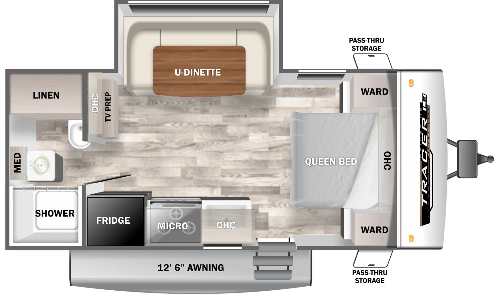 The 190RBSLE has one slideout and one entry. Exterior features a 12 foot 6 inch awning and front pass-thru storage. Interior layout front to back: foot-facing queen bed with overhead cabinet and wardrobes on each side; off-door side u-dinette slideout, and overhead cabinet with TV prep; door side entry, kitchen counter with sink, cooktop, overhead cabinet, microwave, and refrigerator; rear full bathroom with linen closet and medicine cabinet.